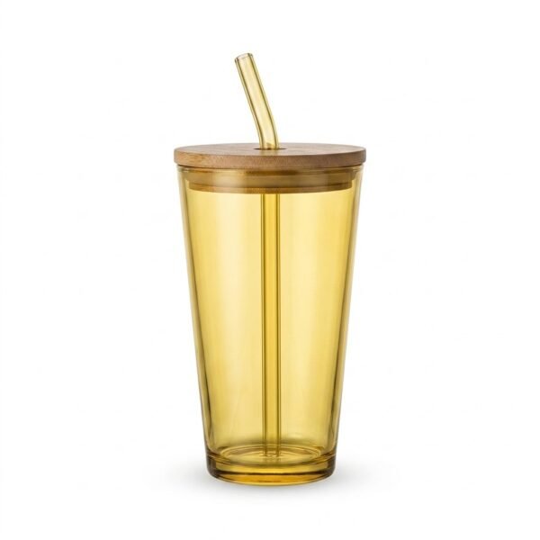 كوب زجاجي ذهبي مع غطاء خشبي وشفاطة (Golden Glass Tumbler with Bamboo Lid)