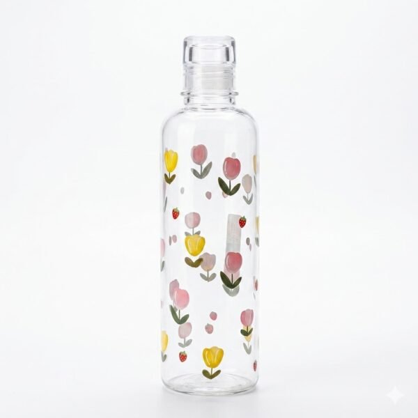 زجاجة مياه زجاجية بطبعات الزهور الملونة (Floral Pattern Glass Water Bottle)