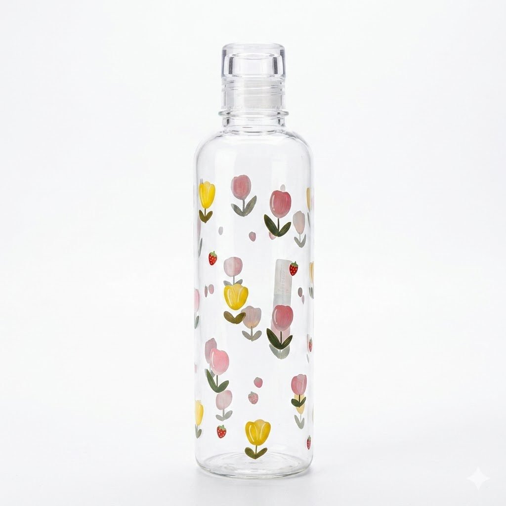 a زجاجة مياه زجاجية بطبعات الزهور الملونة (Floral Pattern Glass Water Bottle) - الصورة 1