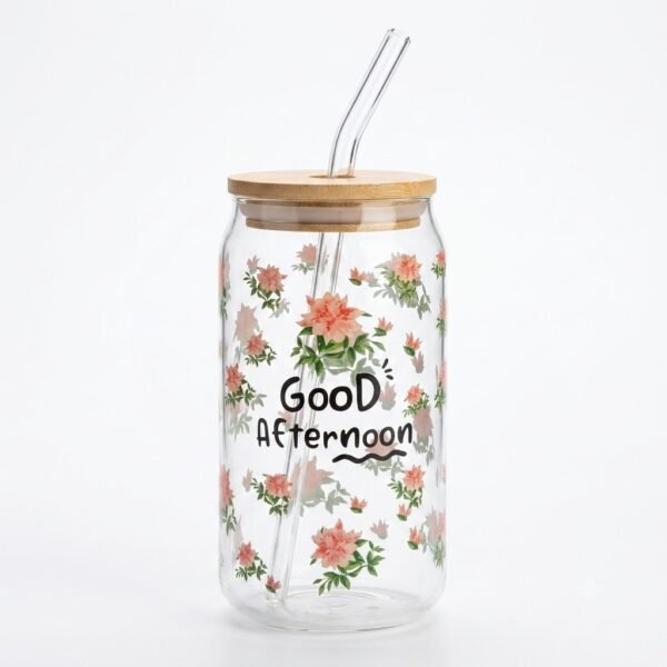 كوب زجاجي (كان) بتصميم زهور ربيعية وغطاء خشب بامبو - طبعة "Good Afternoon"